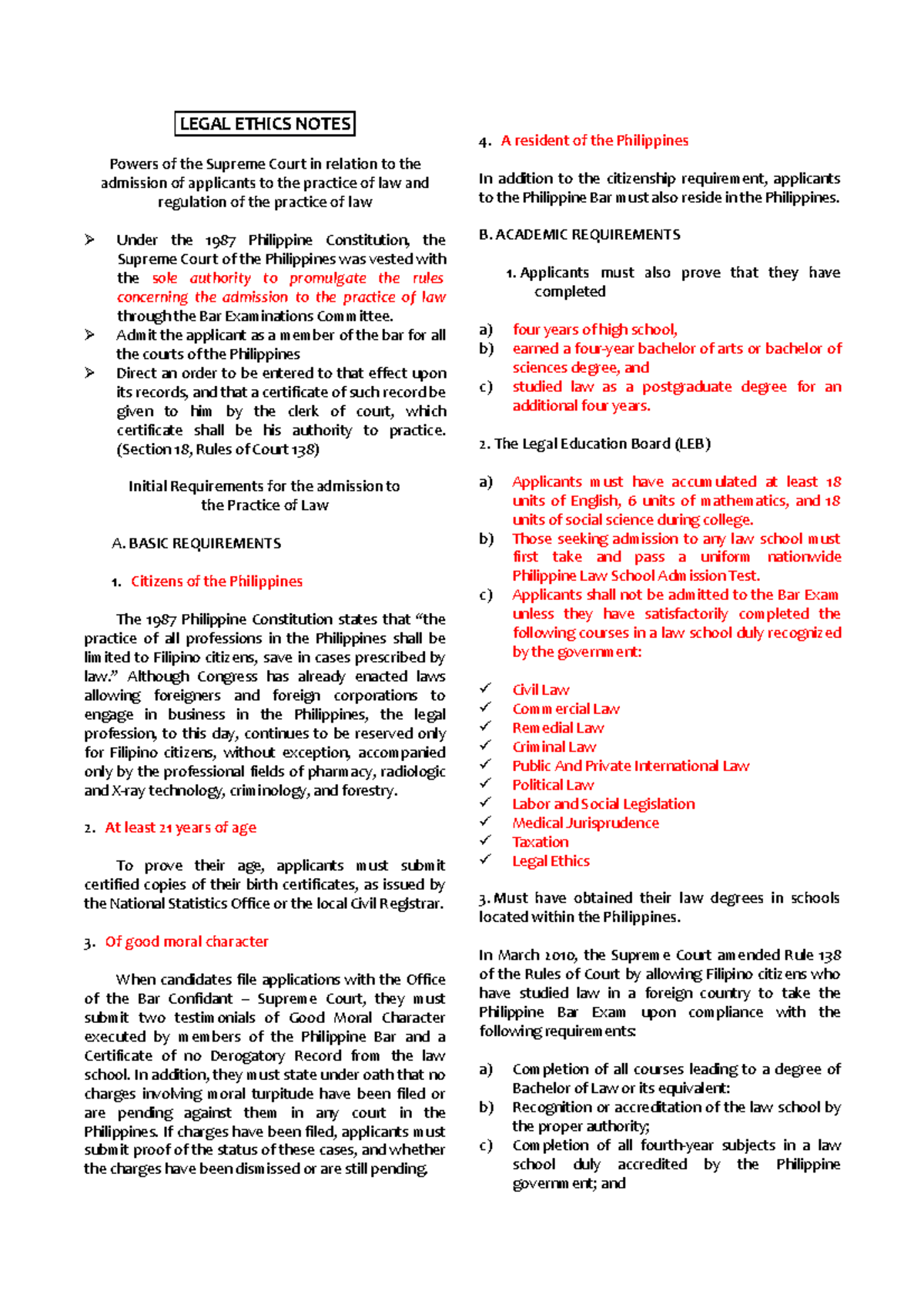 Legal Ethics Notes LEGAL ETHICS NOTES Powers of the Supreme Court in