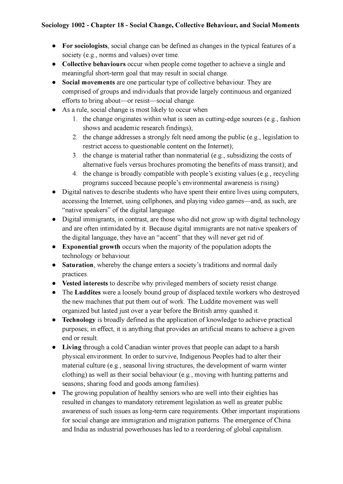 SOCI 1002 - Ch. 18 - Textbook summary - For sociologists, social change ...