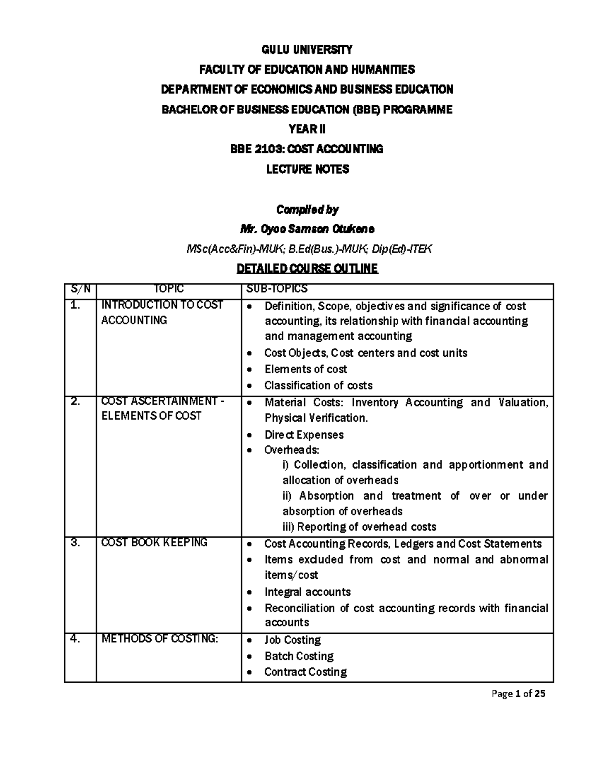 BBE 2103 (COST Accounting) Lecture Notes Topic 1 ( Volume 1) - GULU ...
