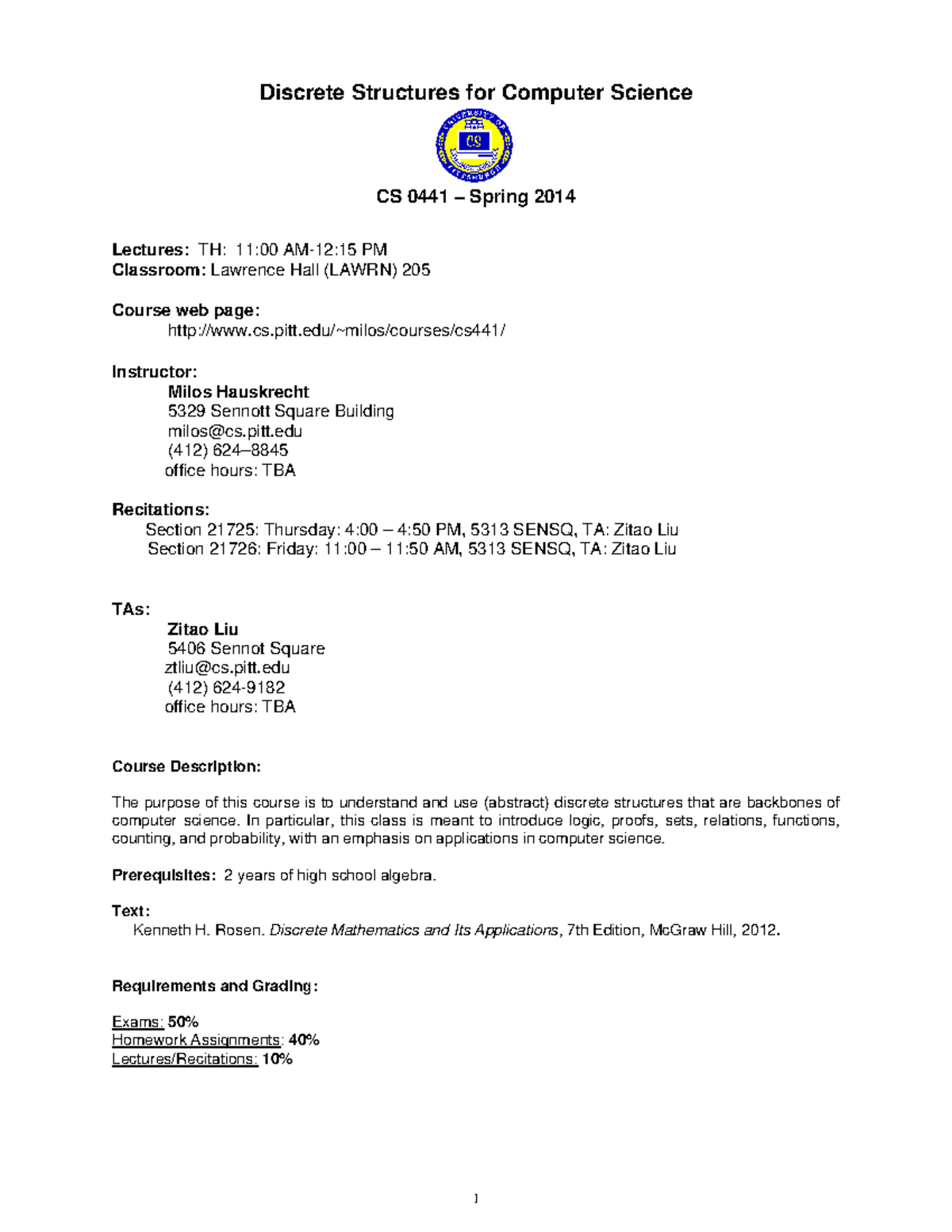 Syllabusdiscrete - 1 Discrete Structures For Computer Science CS 0441 ...