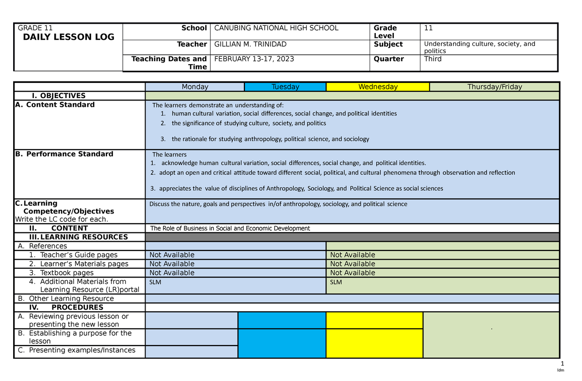 DLL-UCSP Week 1 - Lesson Log - GRADE 11 DAILY LESSON LOG School ...