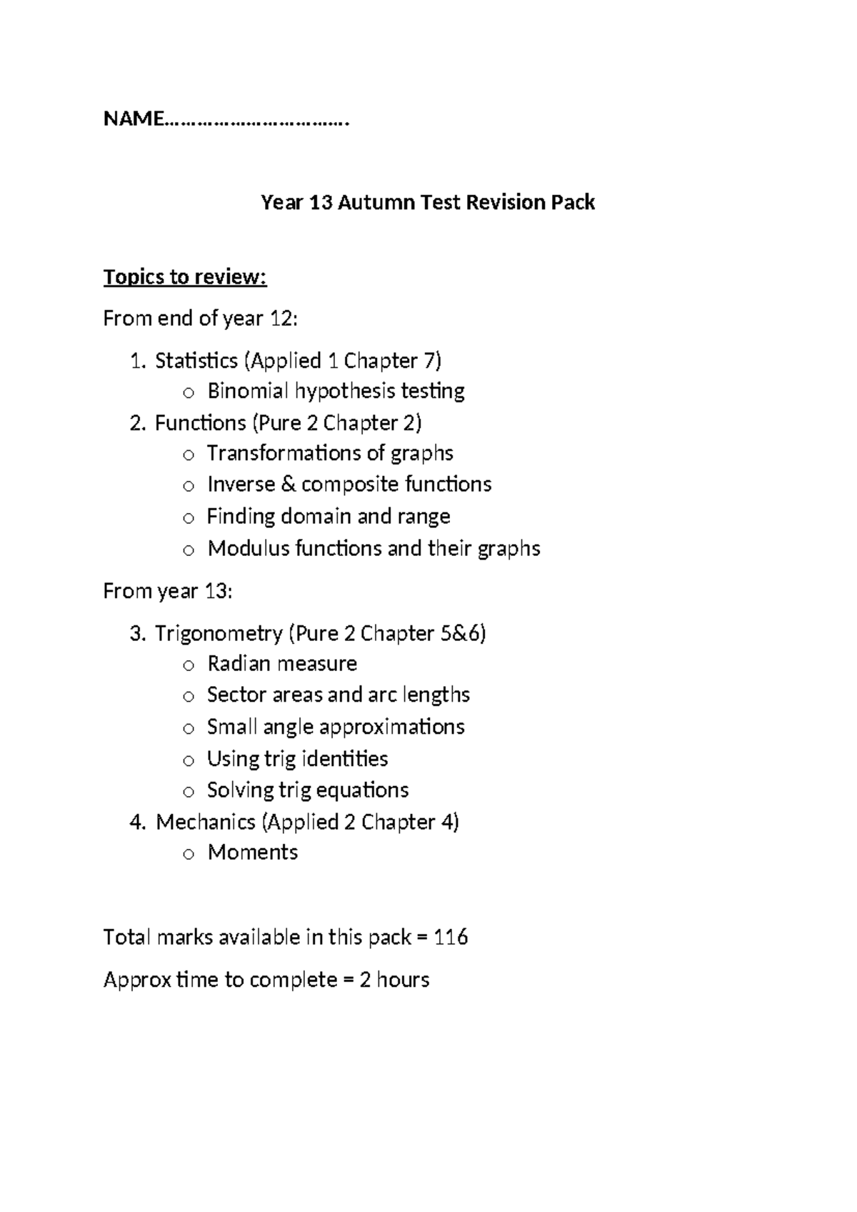 Year 13 Autumn Test Revision Pack - NAME ...