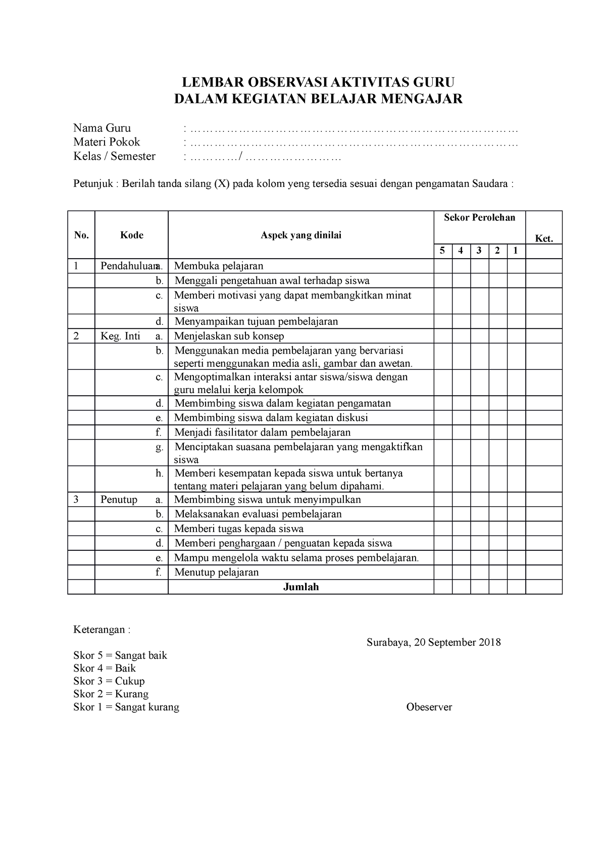 Lembar Observasi Aktivitas GURU Dalam KE - Pendidikan Matematika - Studocu