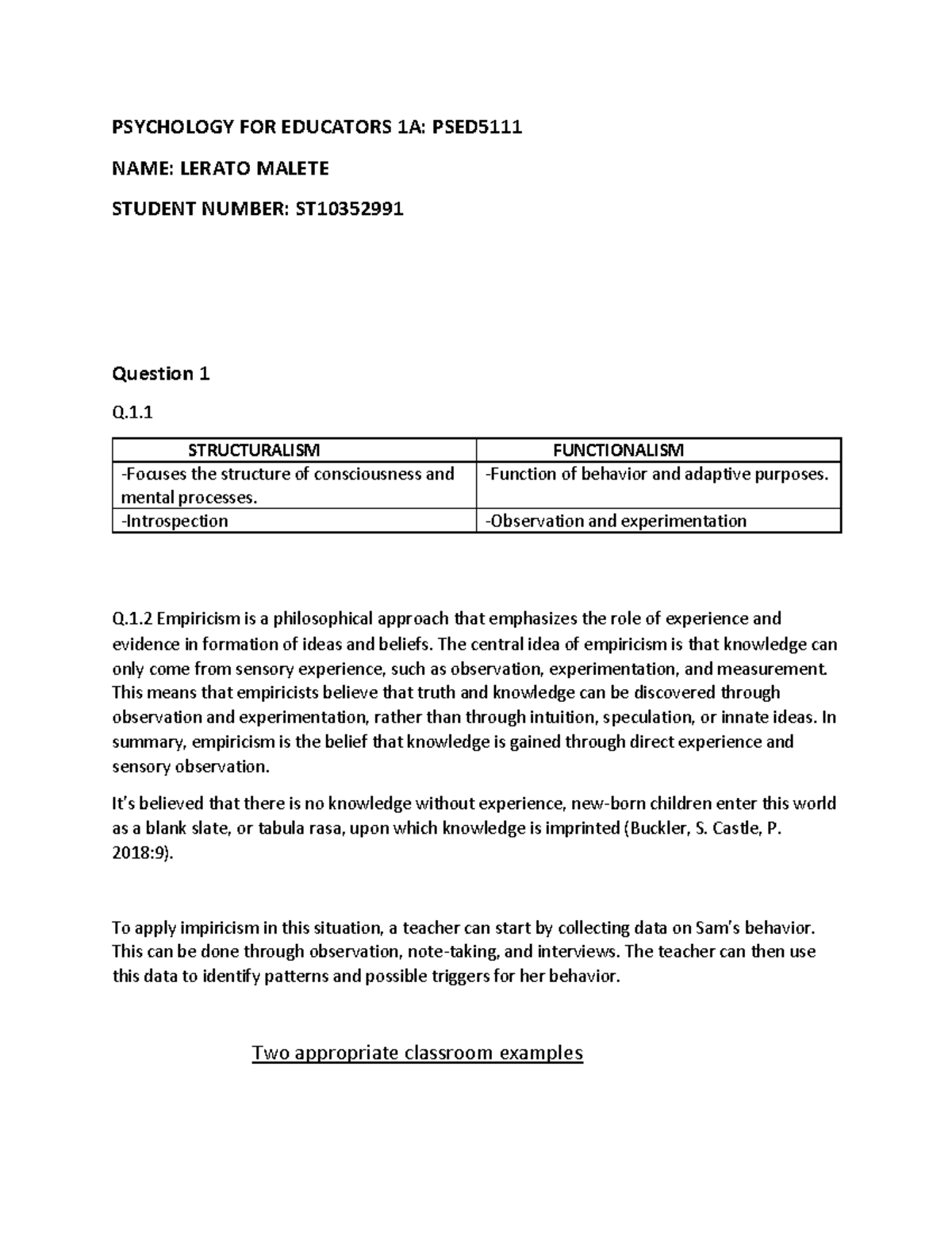 PSED5111 A1 - PSYCHOLOGY FOR EDUCATORS 1A: PSED NAME: LERATO MALETE ...