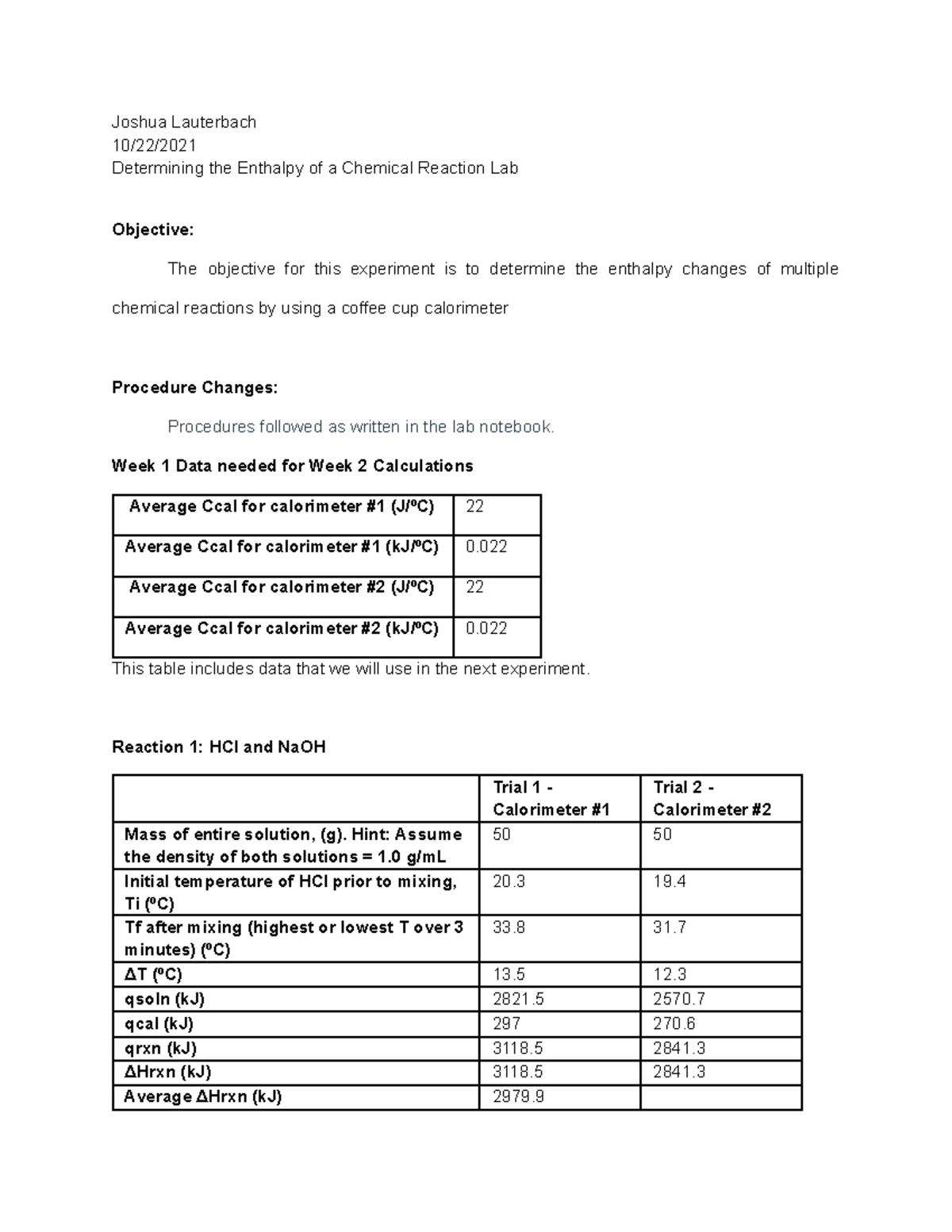 General Chemistry Enthalpy Lab 5 Report - Joshua Lauterbach 10/22 ...