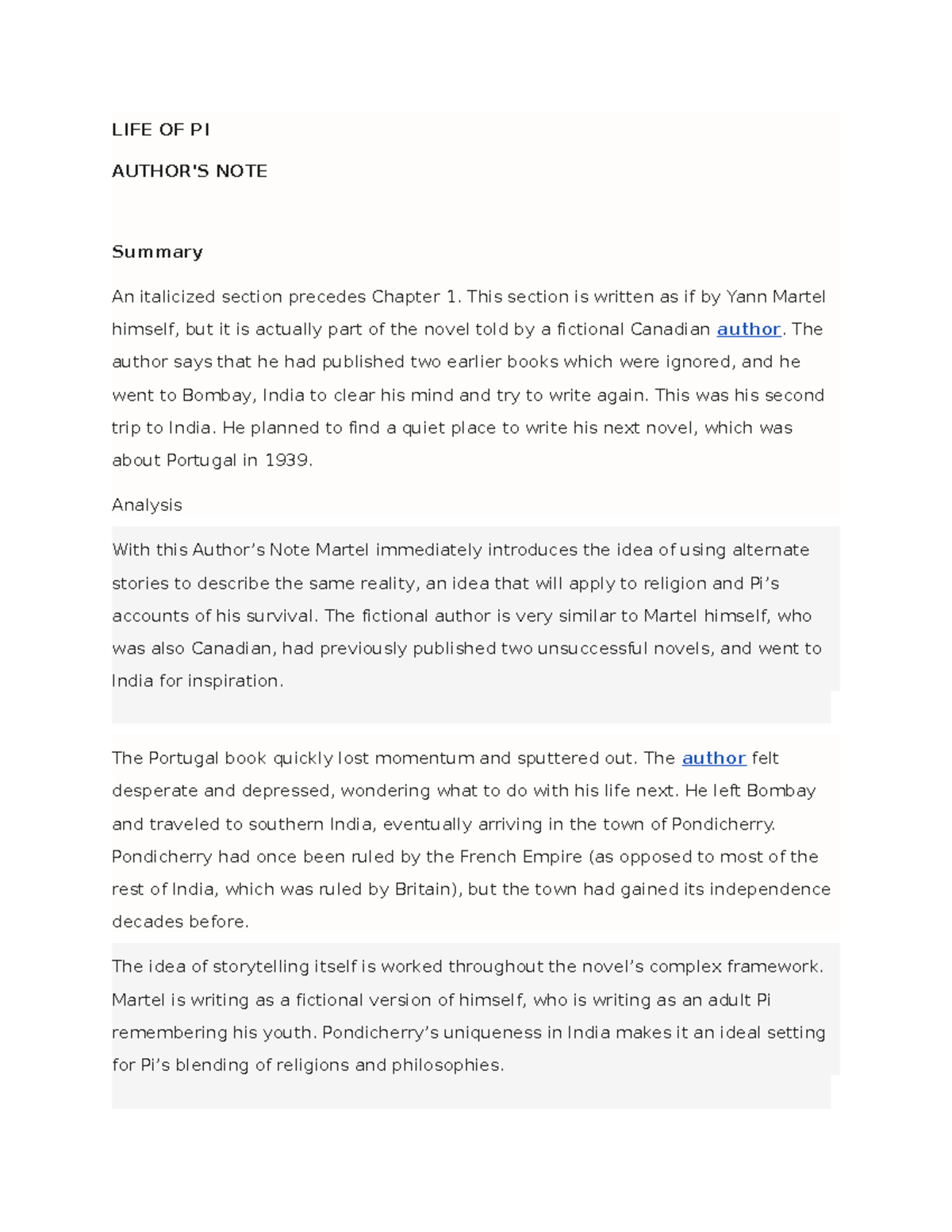 LIFE OF PI YANN Martel (PART 1) Summary LIFE OF PI AUTHOR'S NOTE