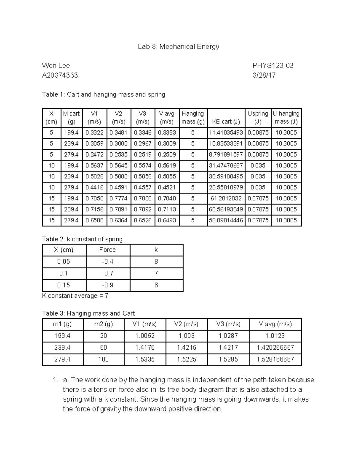 lab report experiment 3 energy physics matriculation