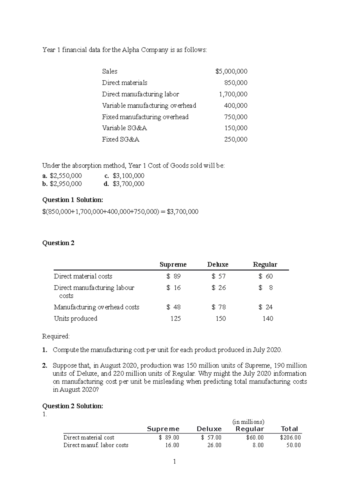 TUTE Chapters 3 - Year 1 financial data for the Alpha Company is as ...