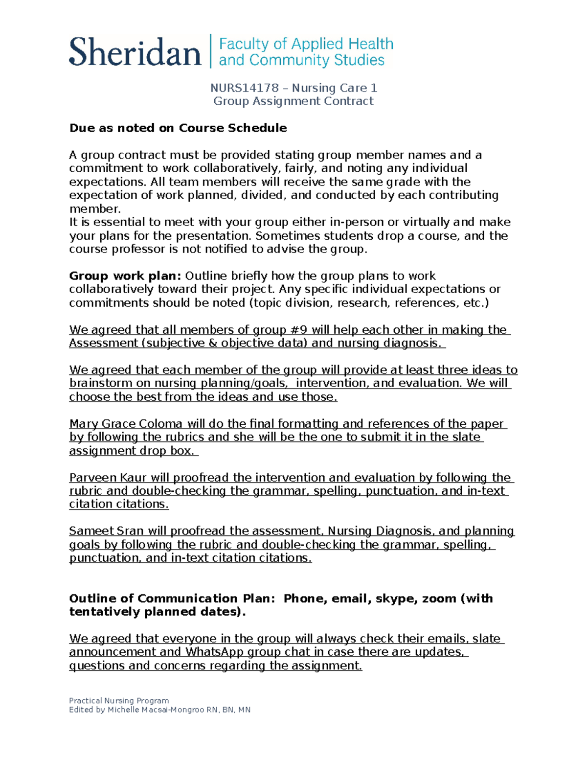 NC1 Group Assignment Contract 2023 - NURS14178 – Nursing Care 1 Group ...