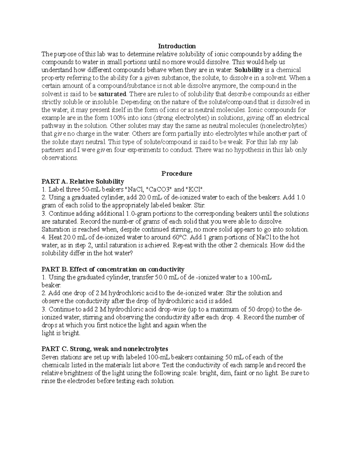 Lab 9 Gen Chem I Solubility Introduction The purpose of this lab