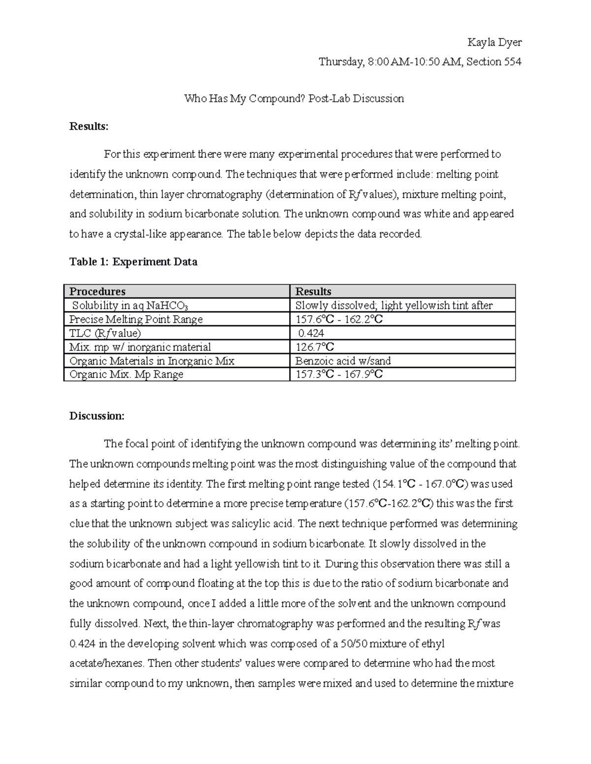 Who Has My Compound Lab report Kayla Dyer Thursday, 800 AM1050 AM, Section 554 Who Has My