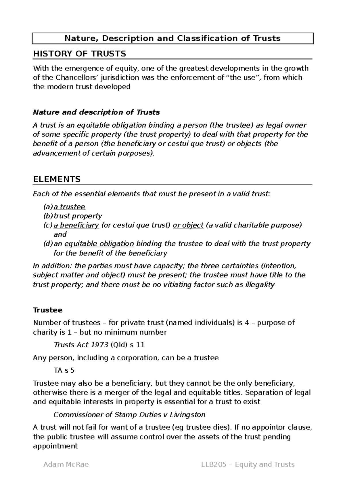 8.0 Nature, description and classification of Trusts Nature