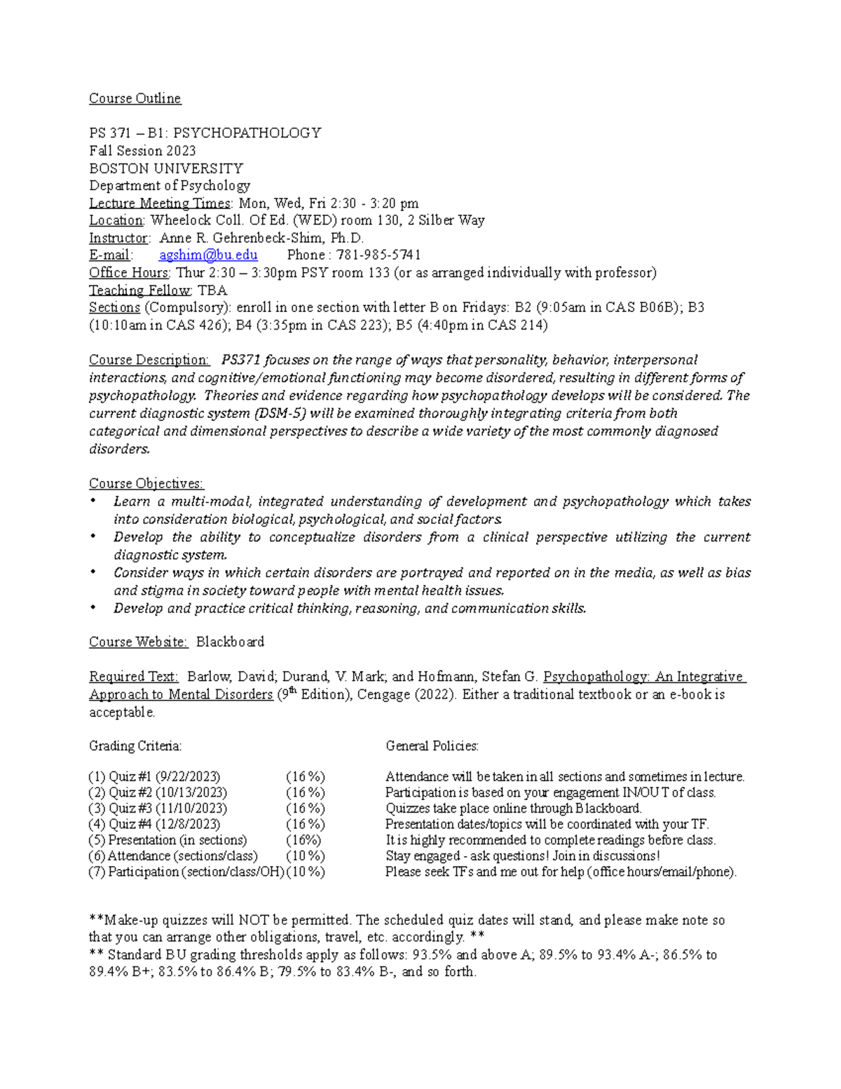 Syllabus BU PS371-B1 Fall 2023 - Course Outline PS 371 – B1 ...