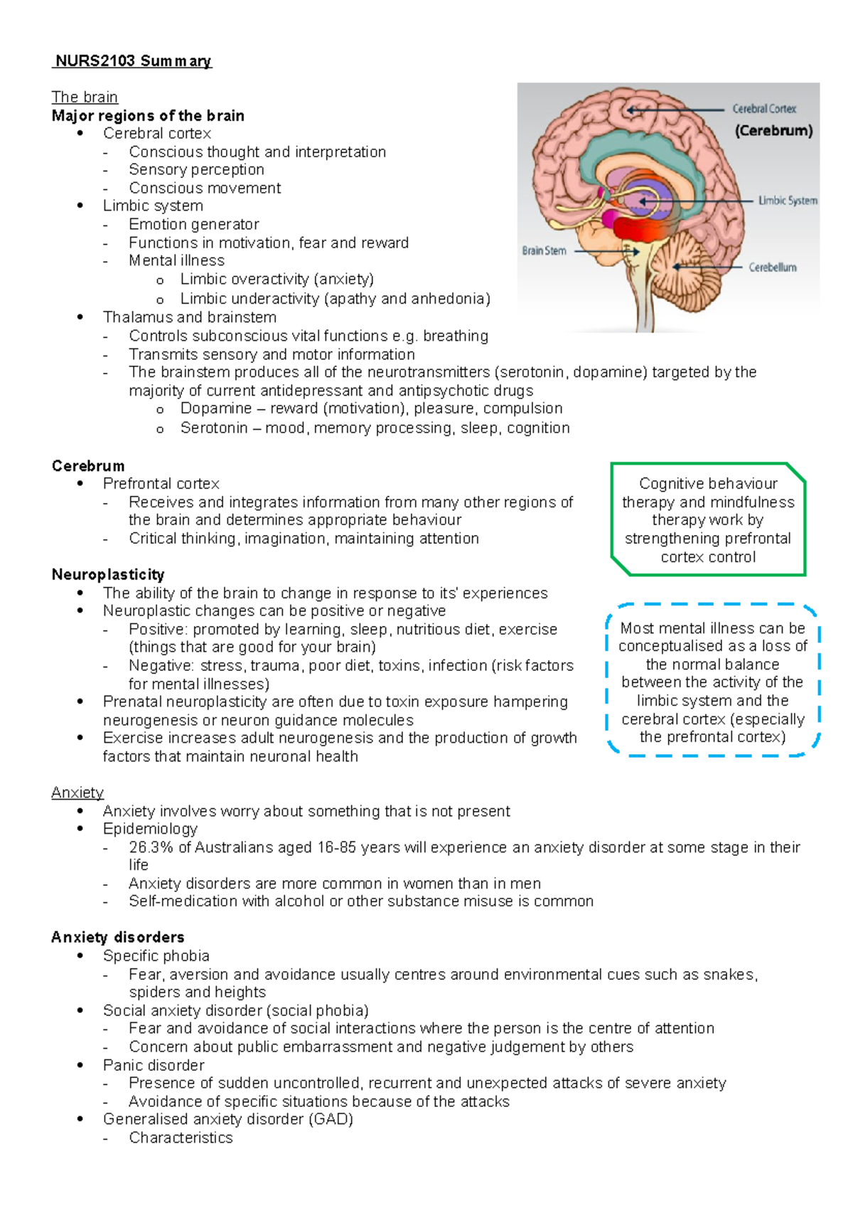 NURS2103 Summary - NURS2103 Summary The brain Major regions of the ...