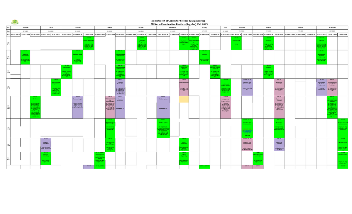 Midterm Exam Schedule, CSEDay, Fall 2023 Department of Computer