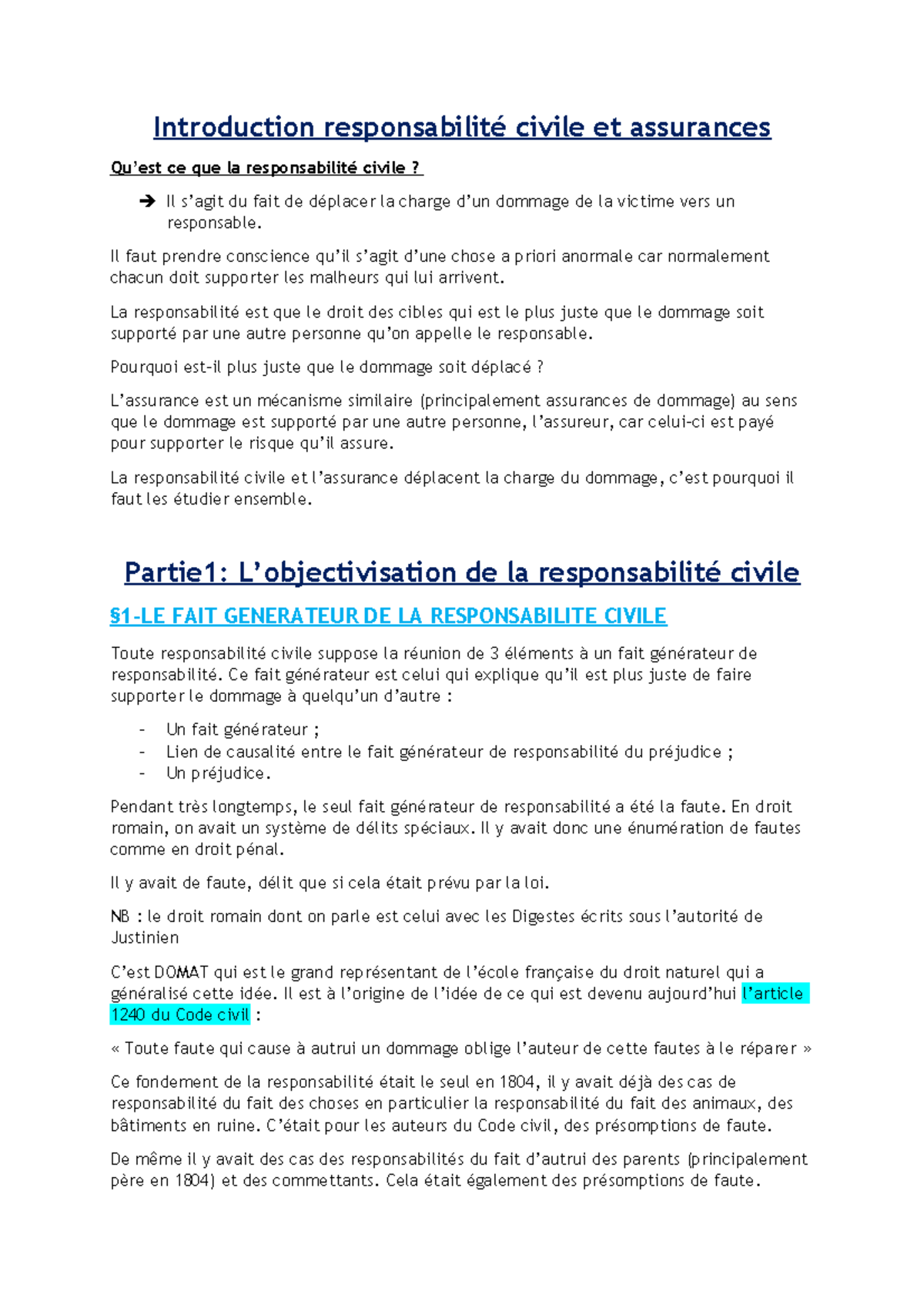 1-Partie 1 RCA - Partie 1 Du Cours Du Droit Des Assurances ...