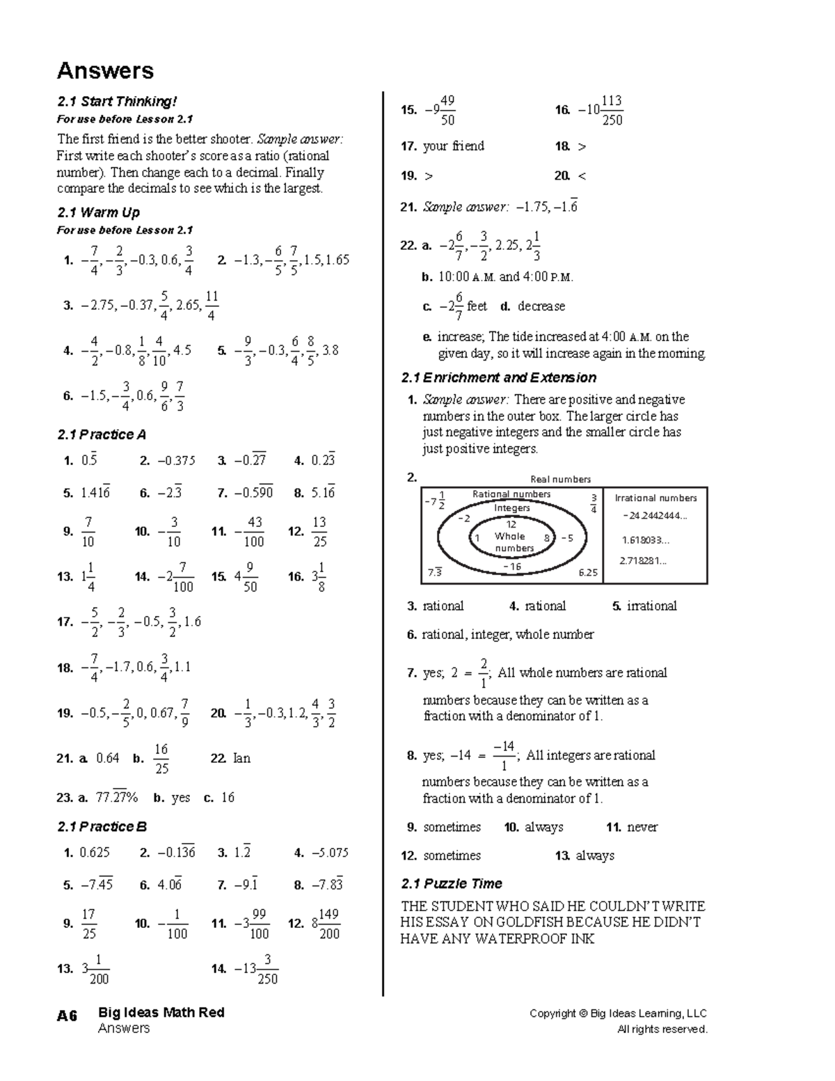 2.1 practice A answer key - Answers Big Ideas Math Red Copyright © Big ...