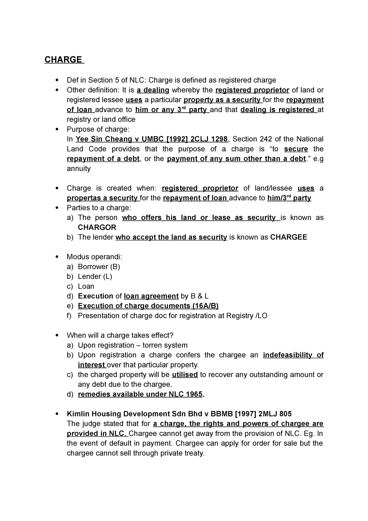 Charge - Summary Land Law II - CHARGE  Def in Section 5 of NLC 