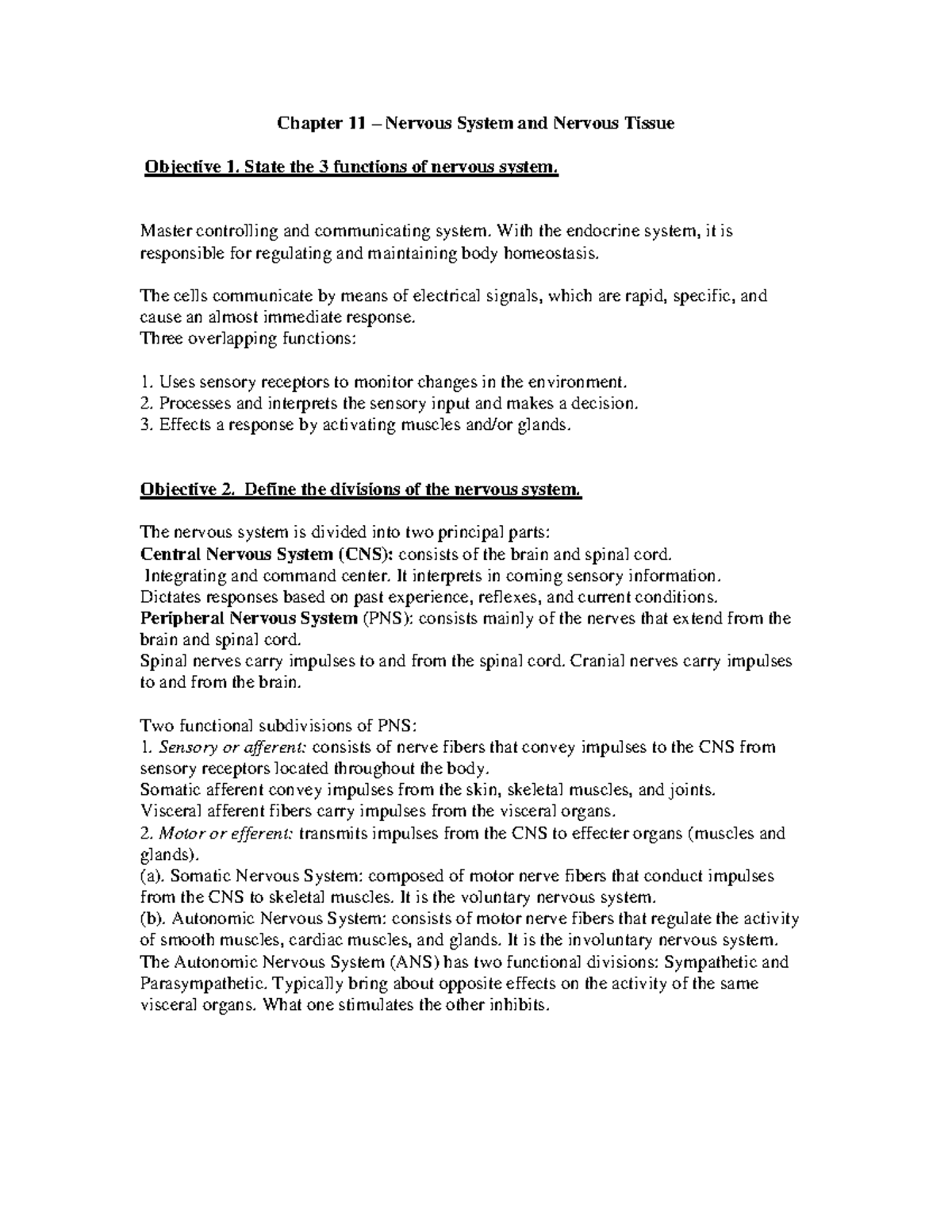 Chapter 11 notes - Chapter 11 – Nervous System and Nervous Tissue ...