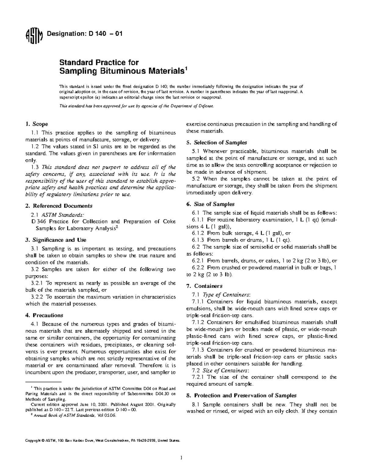 D 140 â€“ 01 ;RDE0MA - INGENIERIAS Y NORMAS ENSAYES - Designation: D ...