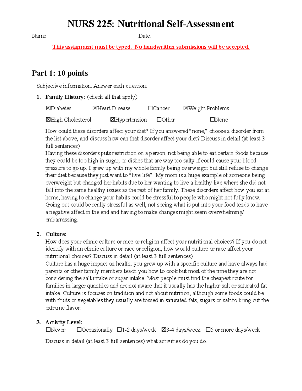 Nutrition assessment done - Name: Date: This assignment must be typed ...