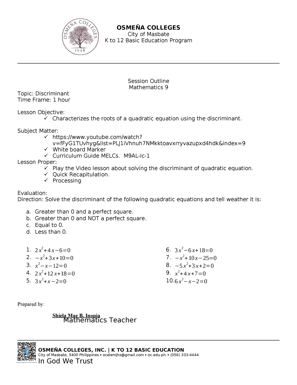 Discriminant - Nature of roots - OSMEÑA COLLEGES City of Masbate K to ...