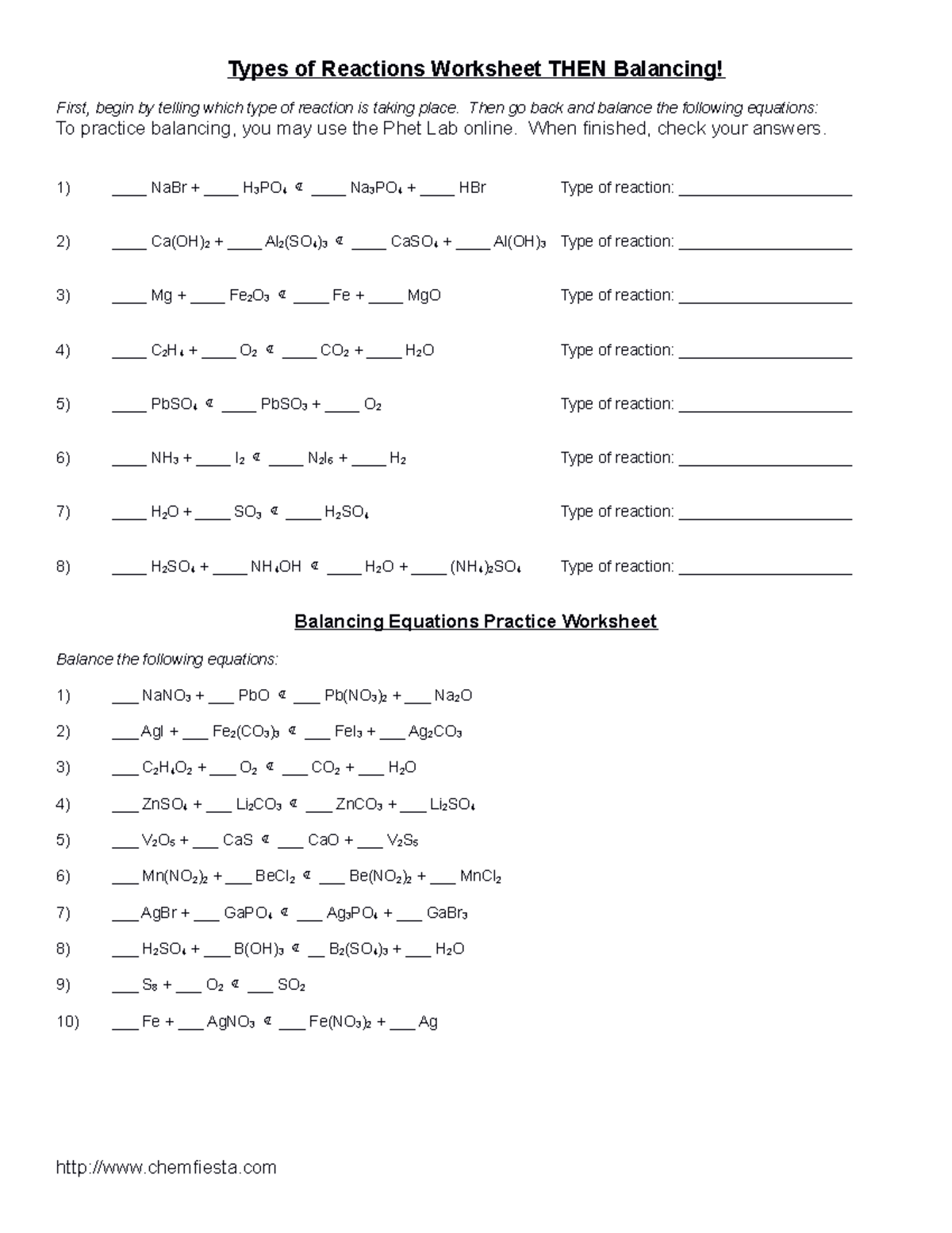 Balancing practice 3-5 - Types of Reactions Worksheet THEN Balancing ...