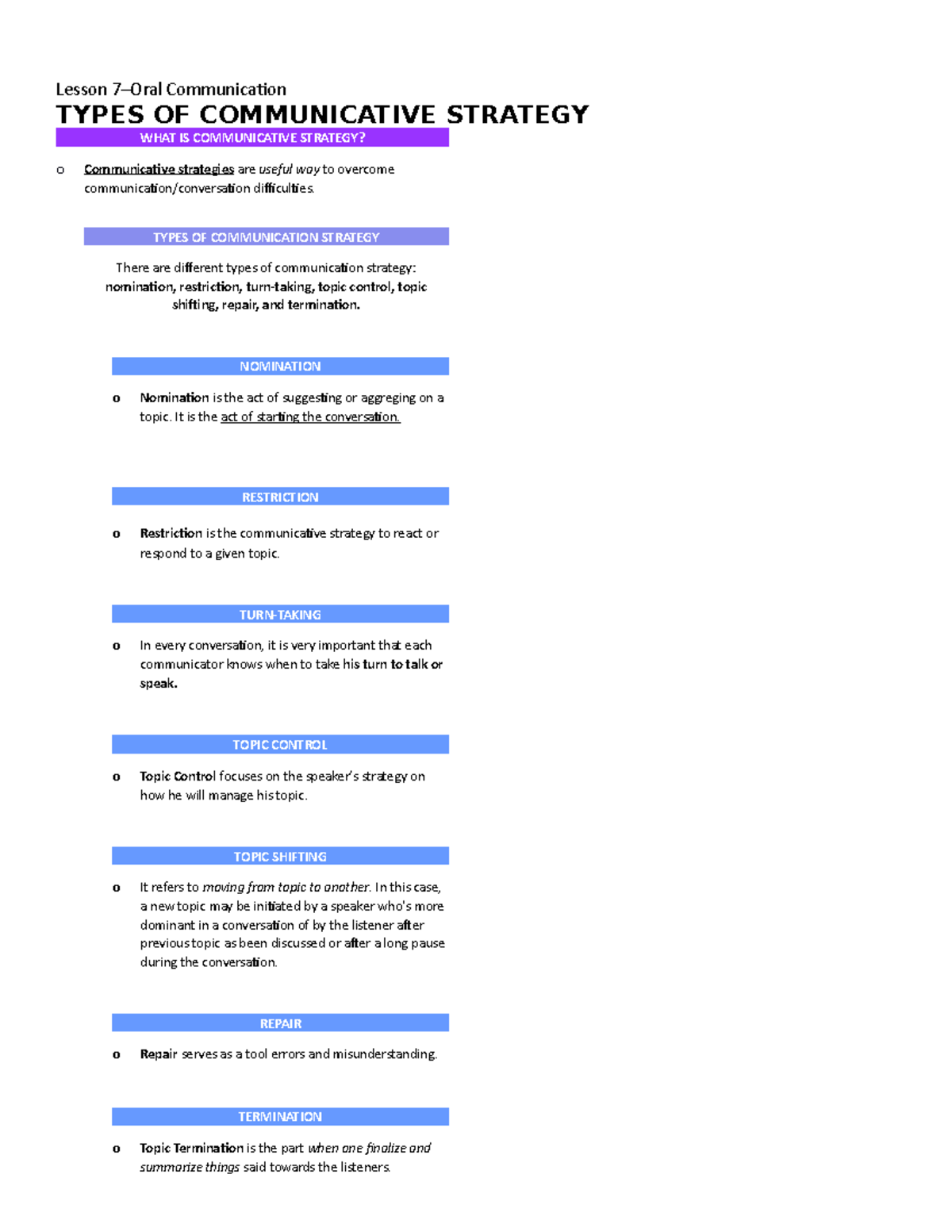 ORAL COM W7 - DFG - Lesson 7–Oral Communication TYPES OF COMMUNICATIVE ...