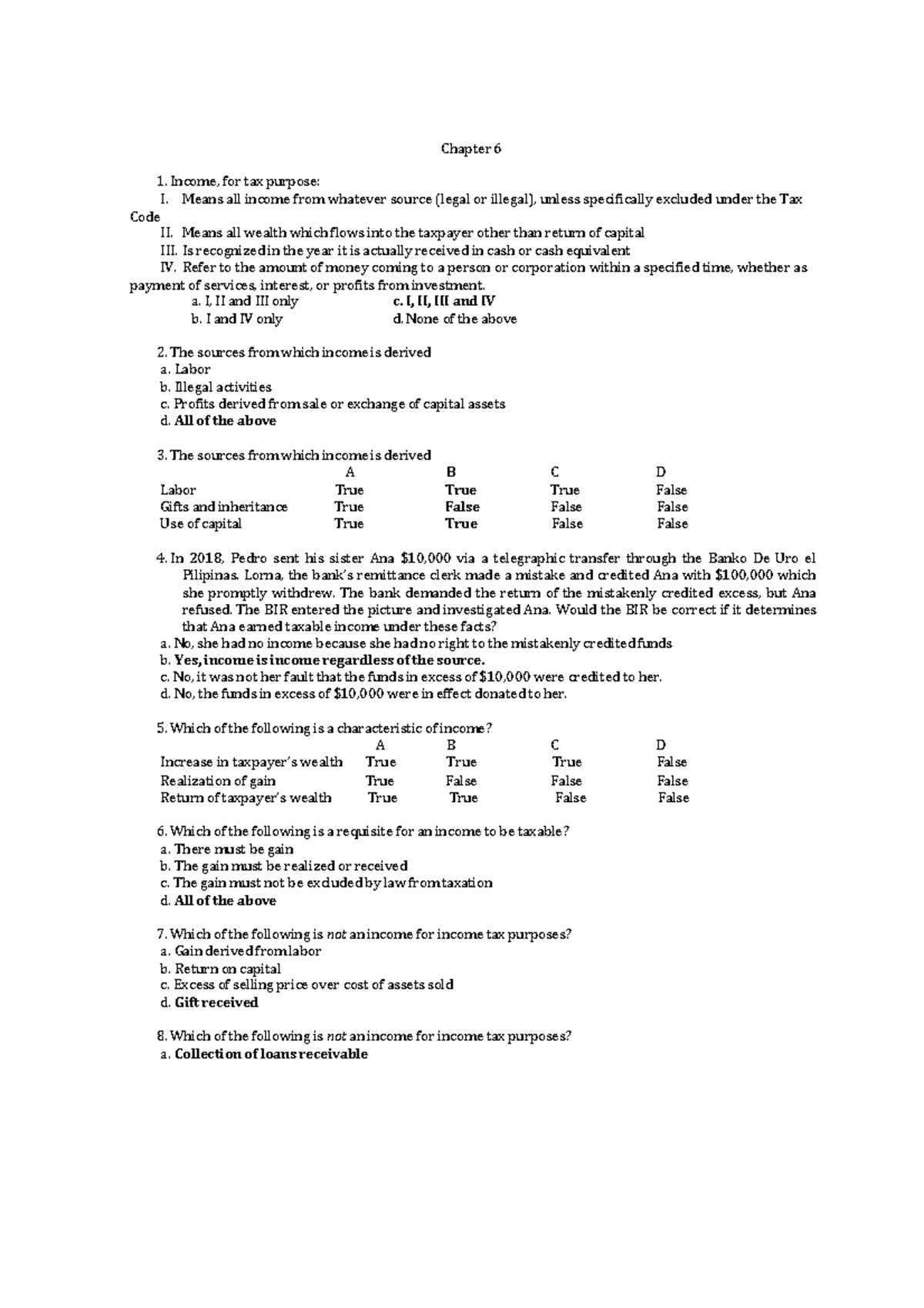 TAXX - TAX - Chapter 6 Income, for tax purpose: I. Means all income ...