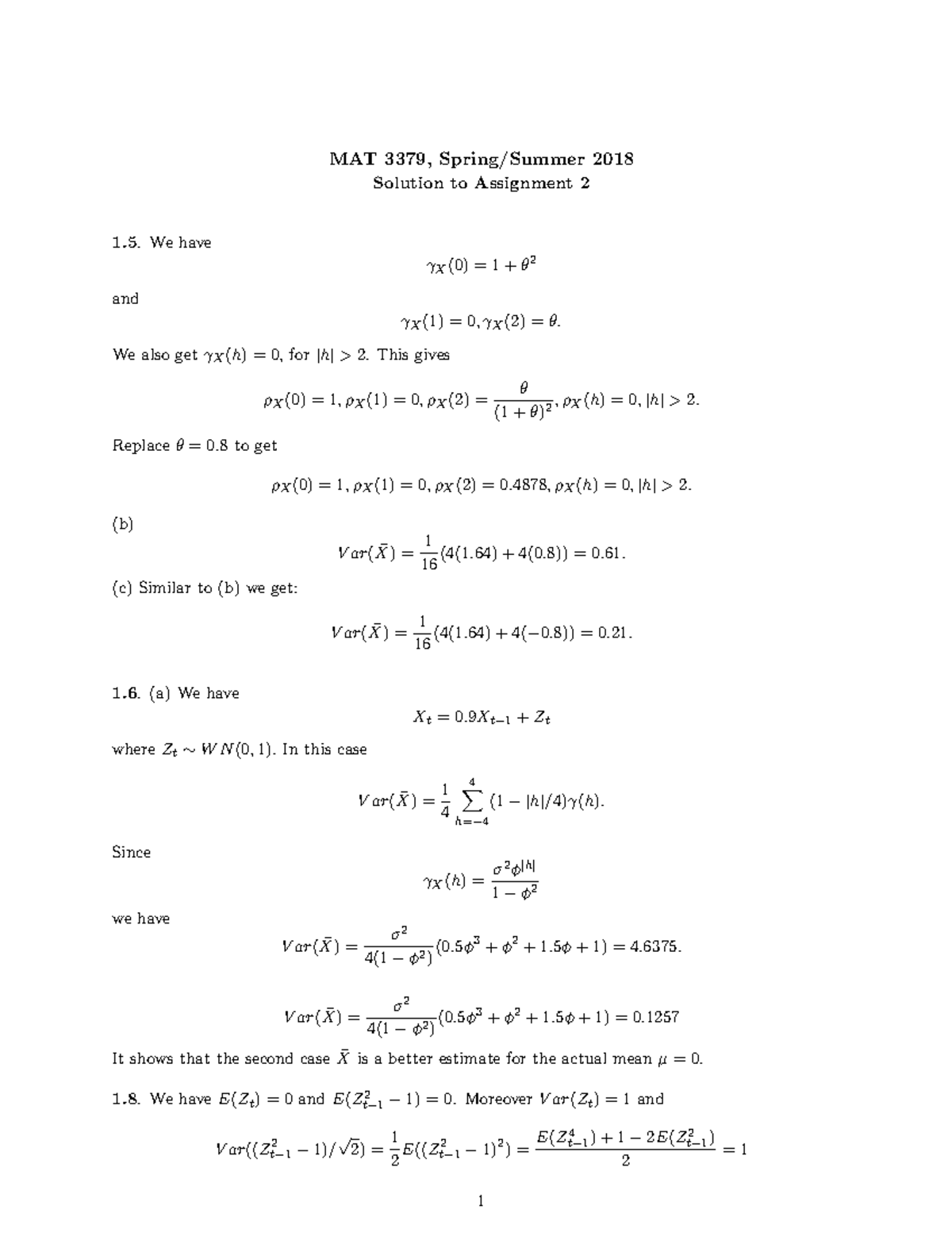 Sol2-18 - Math - MAT 3379, Spring/Summer 2018 Solution to Assignment 2 ...