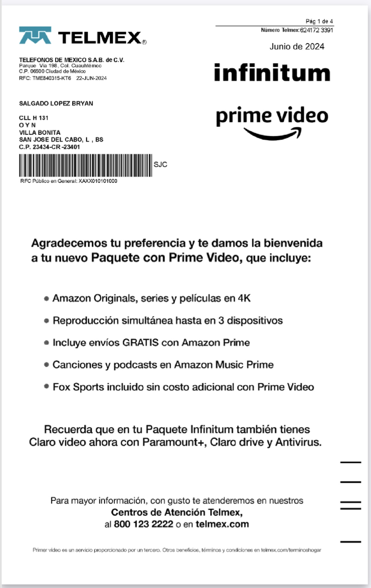Recibo Telmex editable en pdf con fechas - Pág 1 de 4 Número Telmex ...