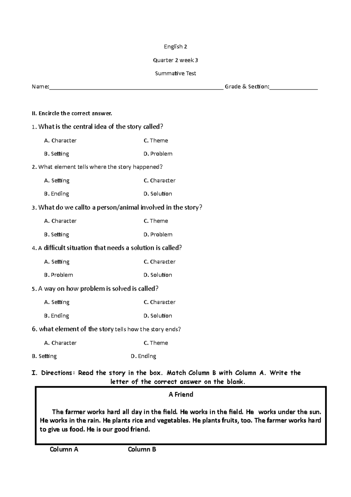 English 2 Q2 Week3 Summative With Tos And Pt With Rubrics - English 2 