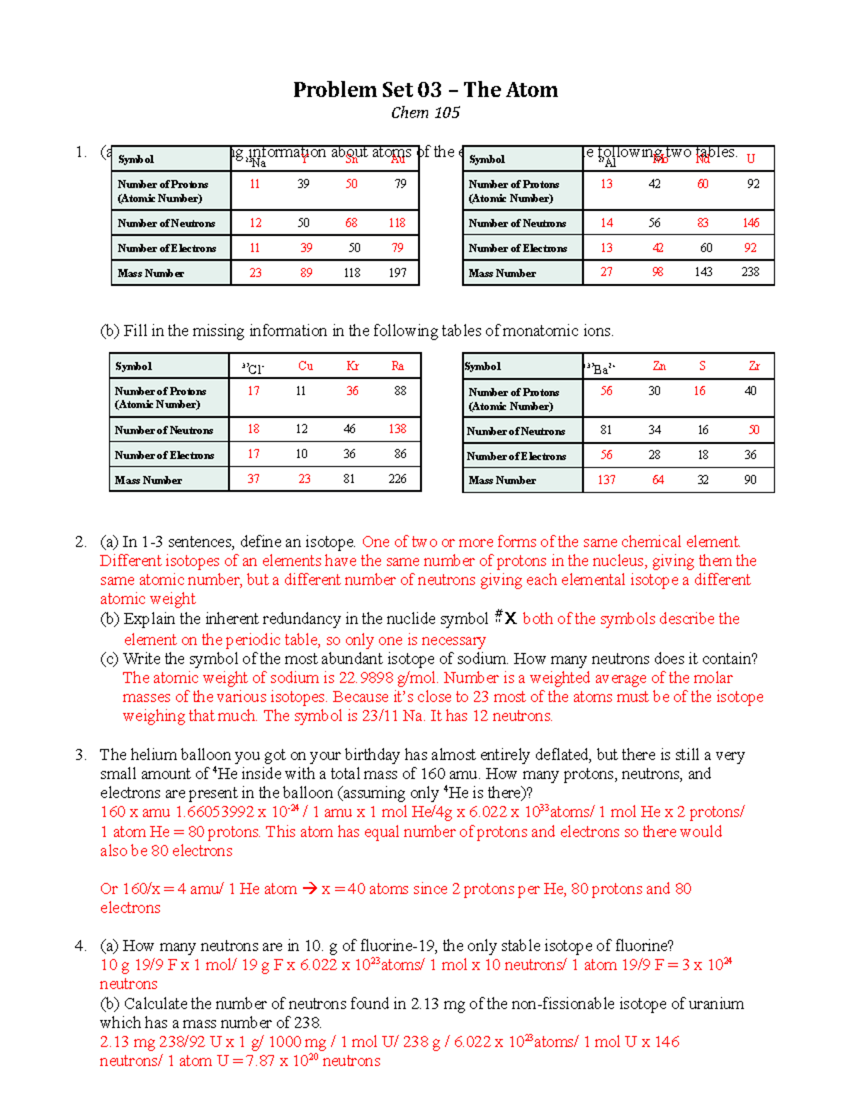 CHEM 105 Problem Set 3 - 1. (a) Fill In The Missing Information About ...