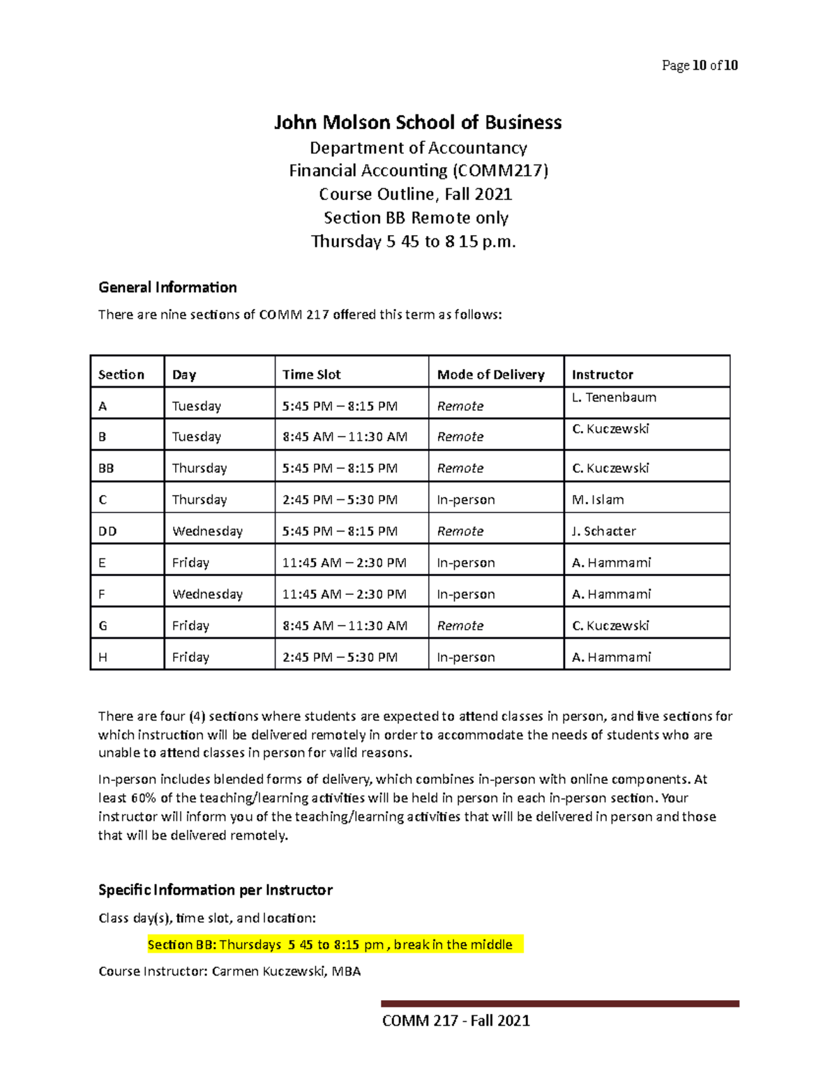 BB Course Outline Fall 2021 section B BSept 4 - John Molson School of ...