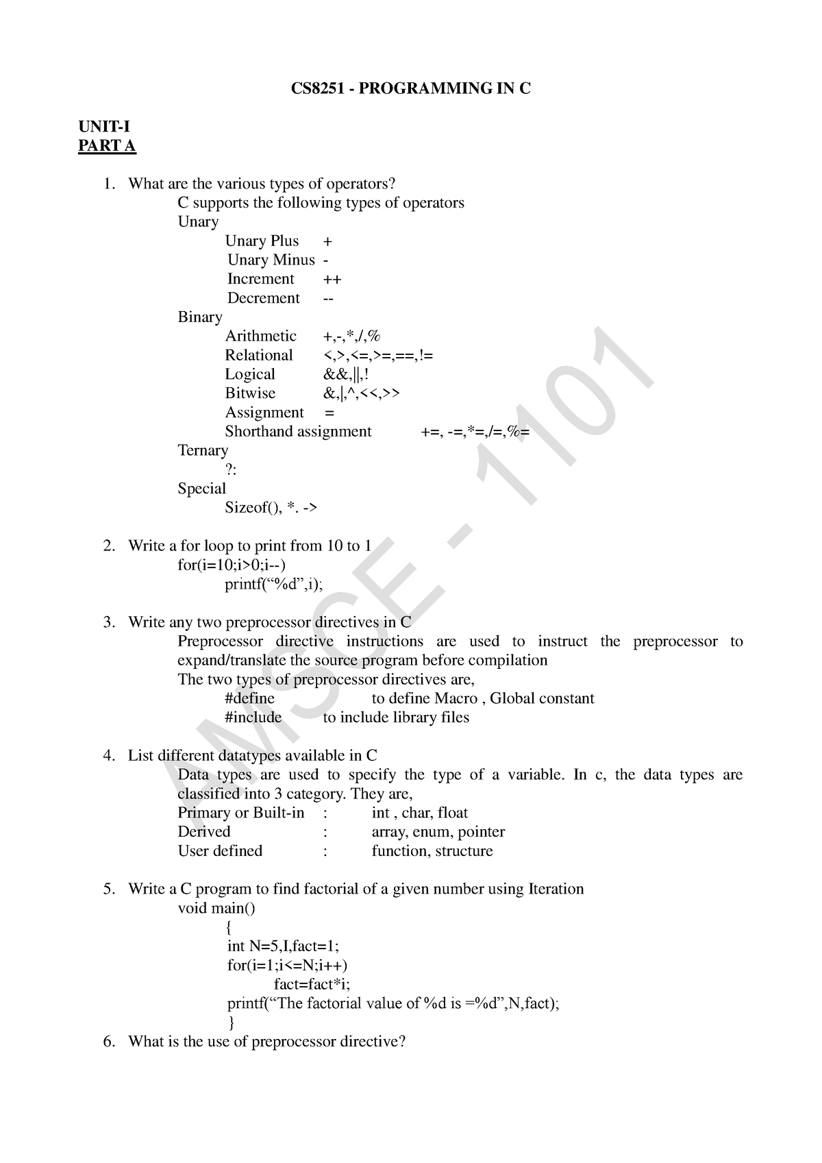 CS8251 Programming IN C Question Bank - CS8251 - PROGRAMMING IN C UNIT ...