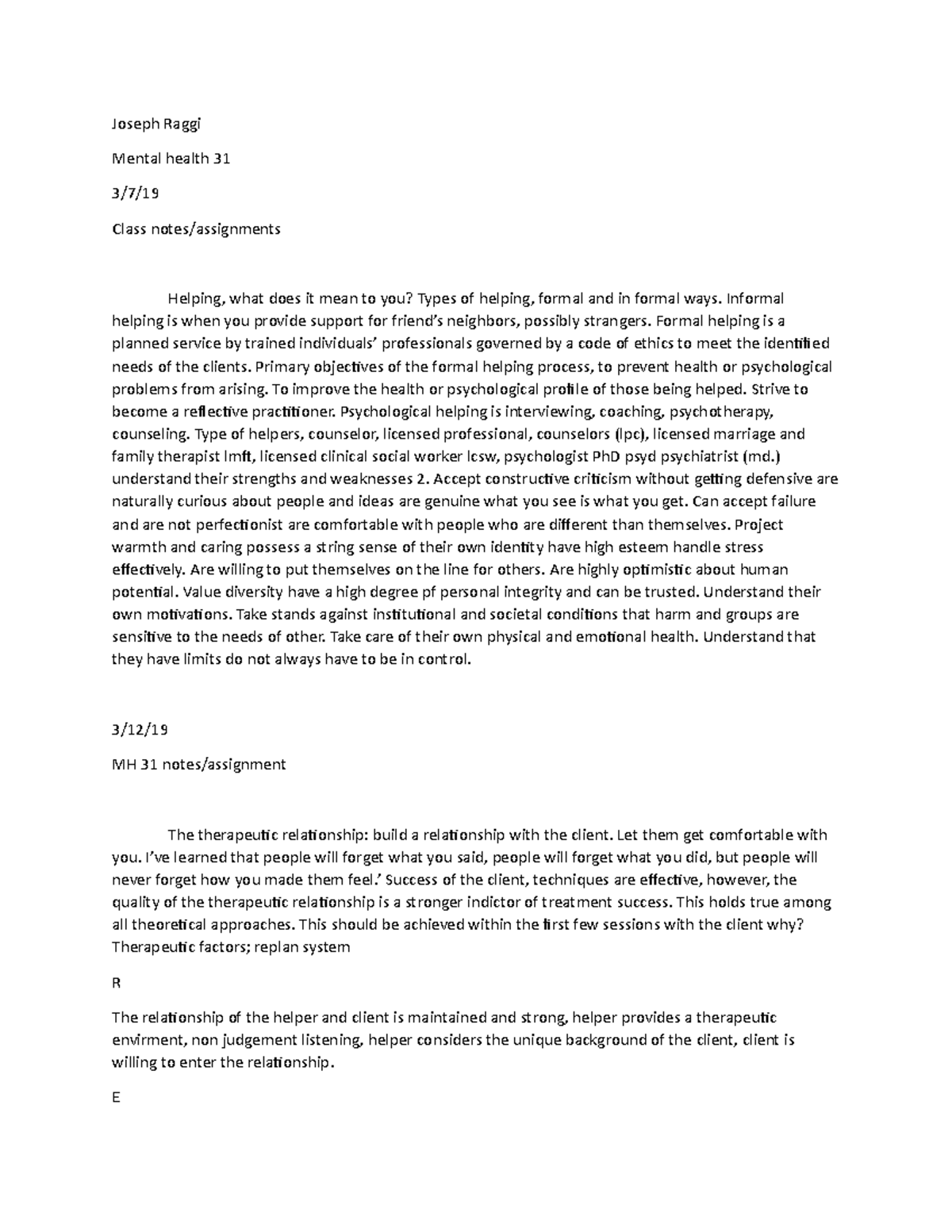 MH 31 notes assignments - Joseph Raggi Mental health 31 3/7/ Class ...