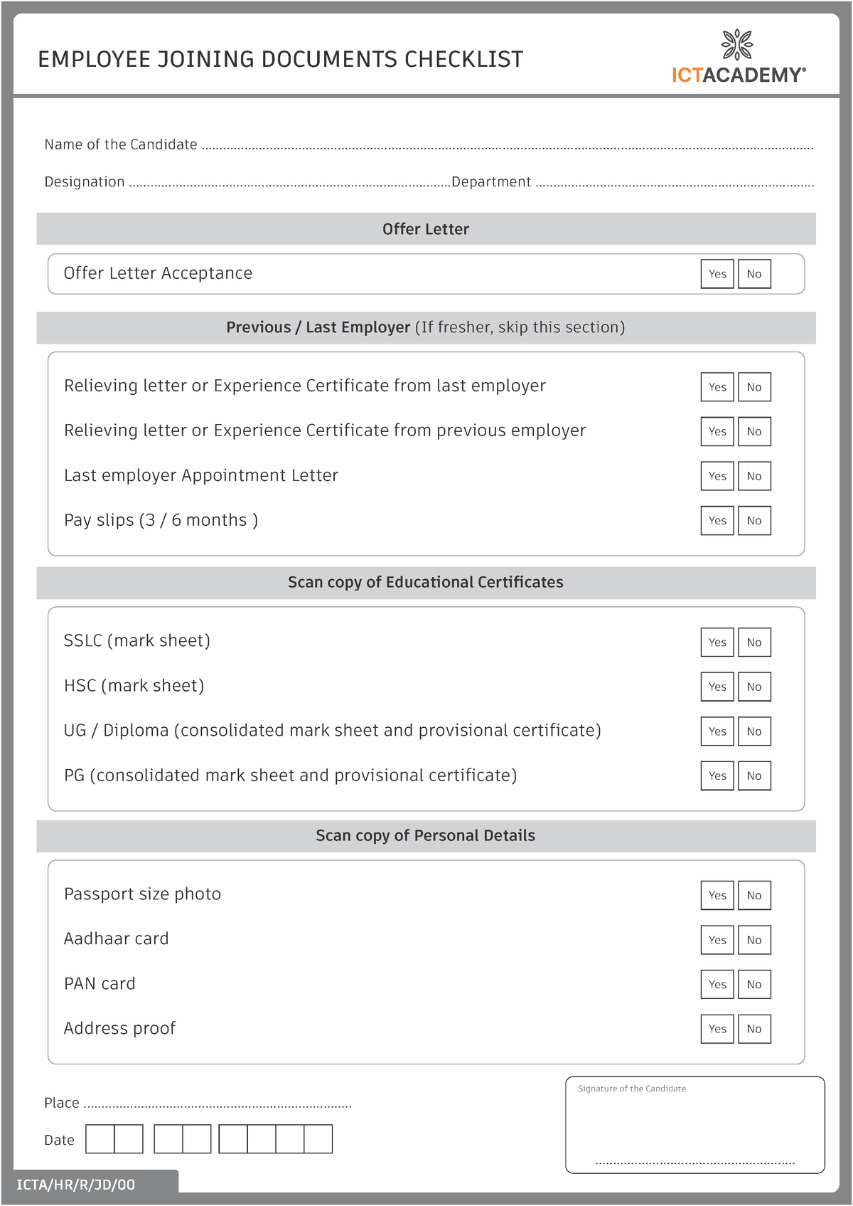 Joining Checklist Gsh EMPLOYEE JOINING DOCUMENTS CHECKLIST Name Of 