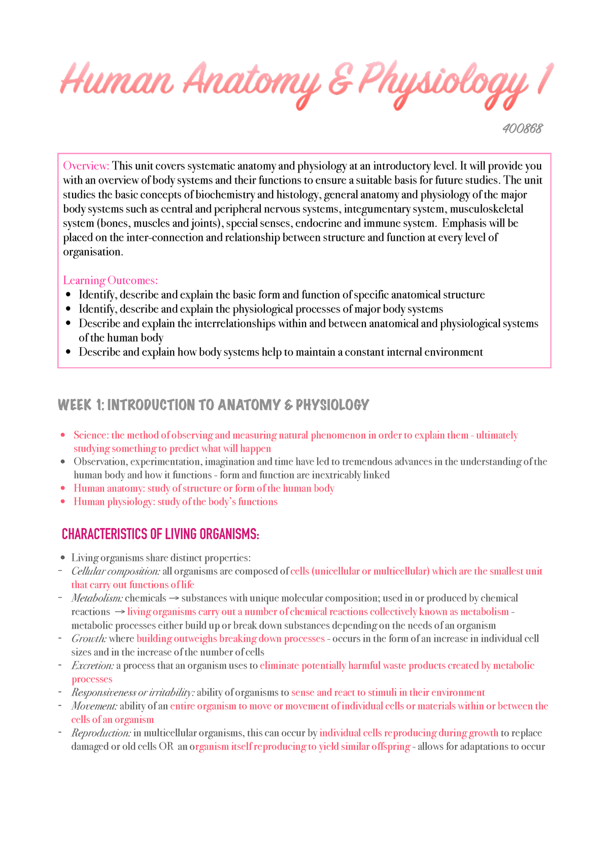 Human Anatomy & Physiology 1 - Human Anatomy & Physiology 1 400868 WEEK ...