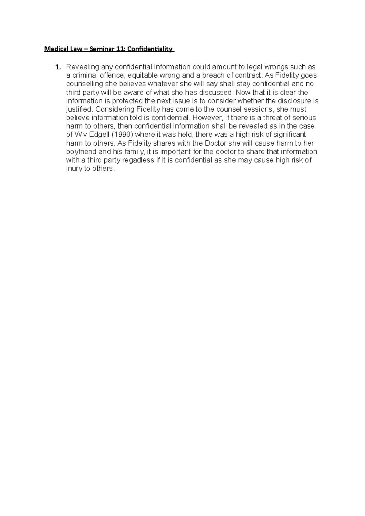 S11 - Seminar Work - Medical Law – Seminar 11: Confidentiality 1 ...
