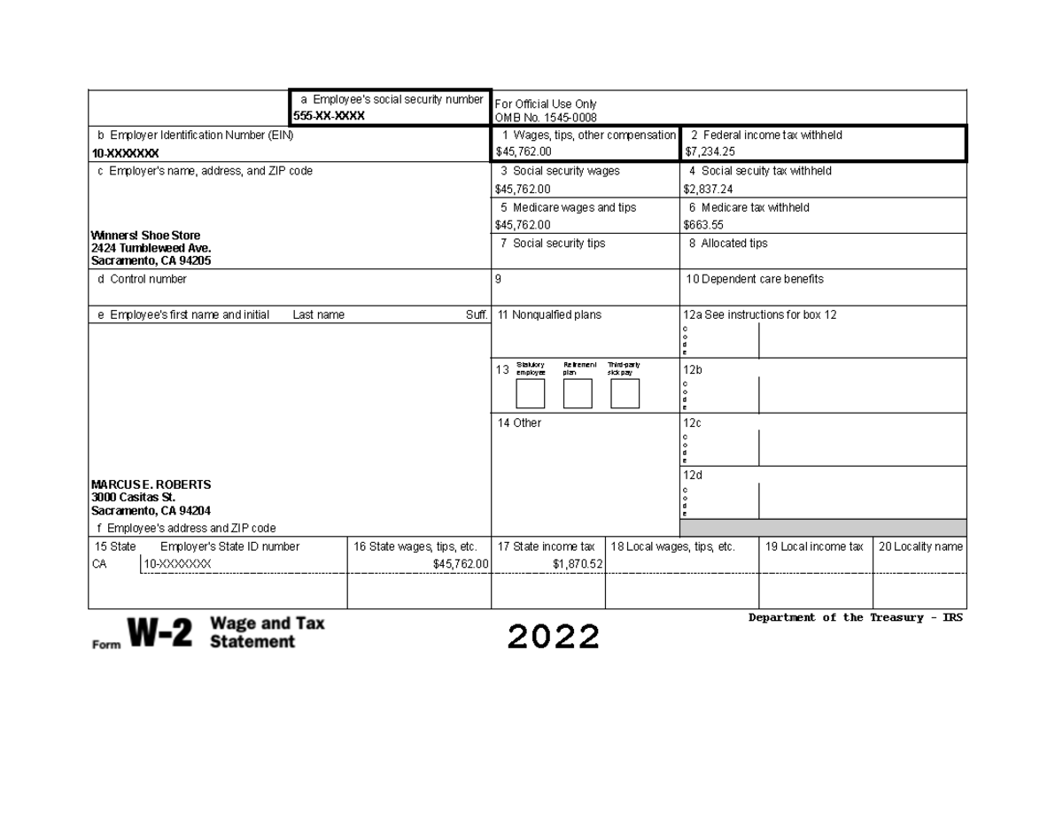 2022 Marcus Roberts W-2 Form - a Employee's social security number For ...