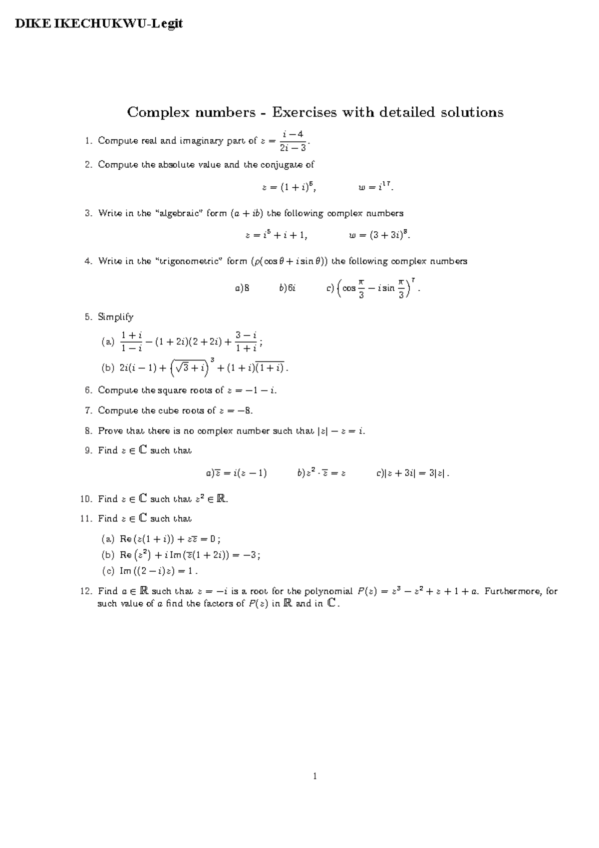 Maths 111(Complex Numbers) watermark - Complex numbers - Exercises with ...