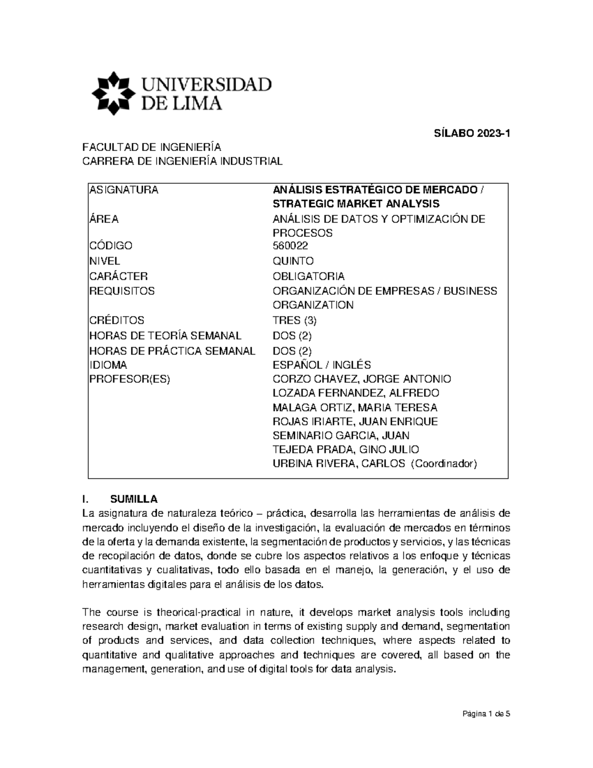 Silabo Del Curso 2023 Sílabo 2023 Facultad De Ingeniería Carrera De Ingeniería Industrial Silabo Del Curso 2023 Sílabo 2023 Facultad De Ingeniería Carrera De Ingeniería Industrial