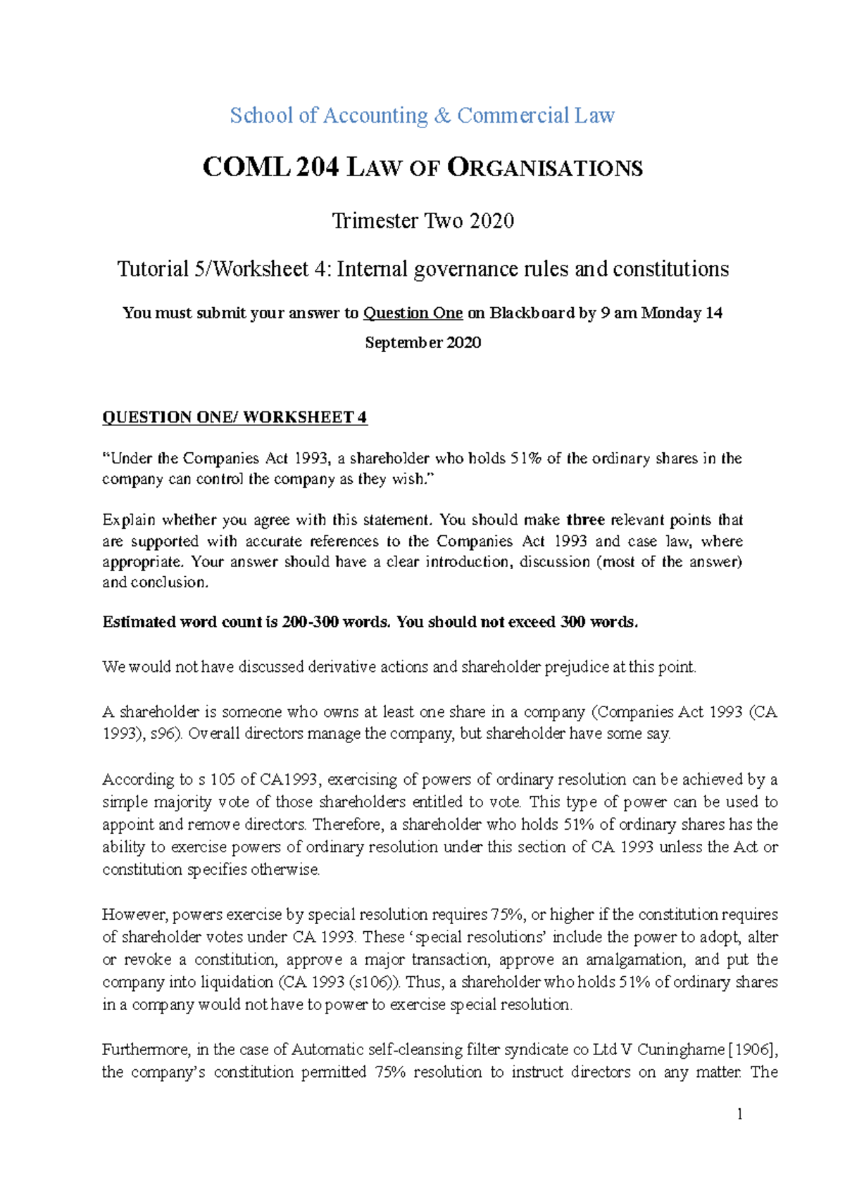 COML204 Work sheet 4 - School of Accounting & Commercial Law COML 204 ...