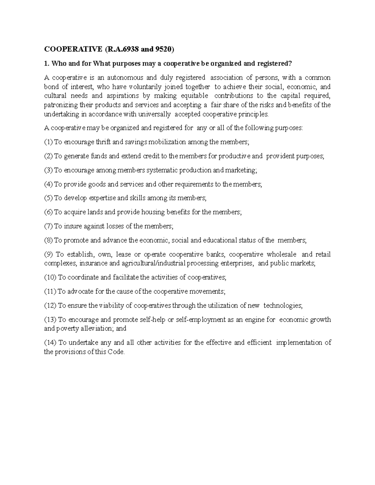 Cooperative LAW - Question AND Answer - COOPERATIVE (R.A And 9520) 1 ...