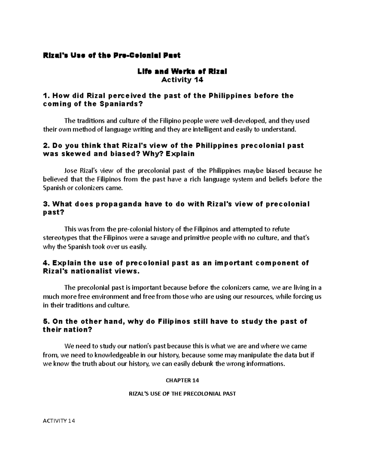 RN14 - Rizal-Chapter-14 - Rizal's Use of the Pre-Colonial Past Life and ...