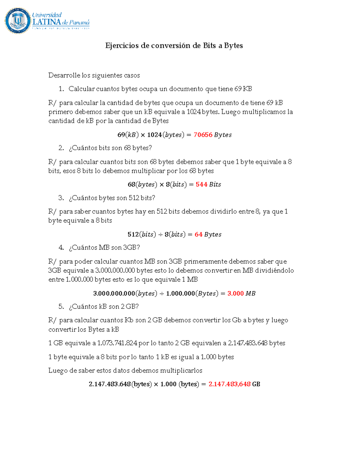 Ejercicios de conversión de Bits a Bytes - Ejercicios de conversión de ...