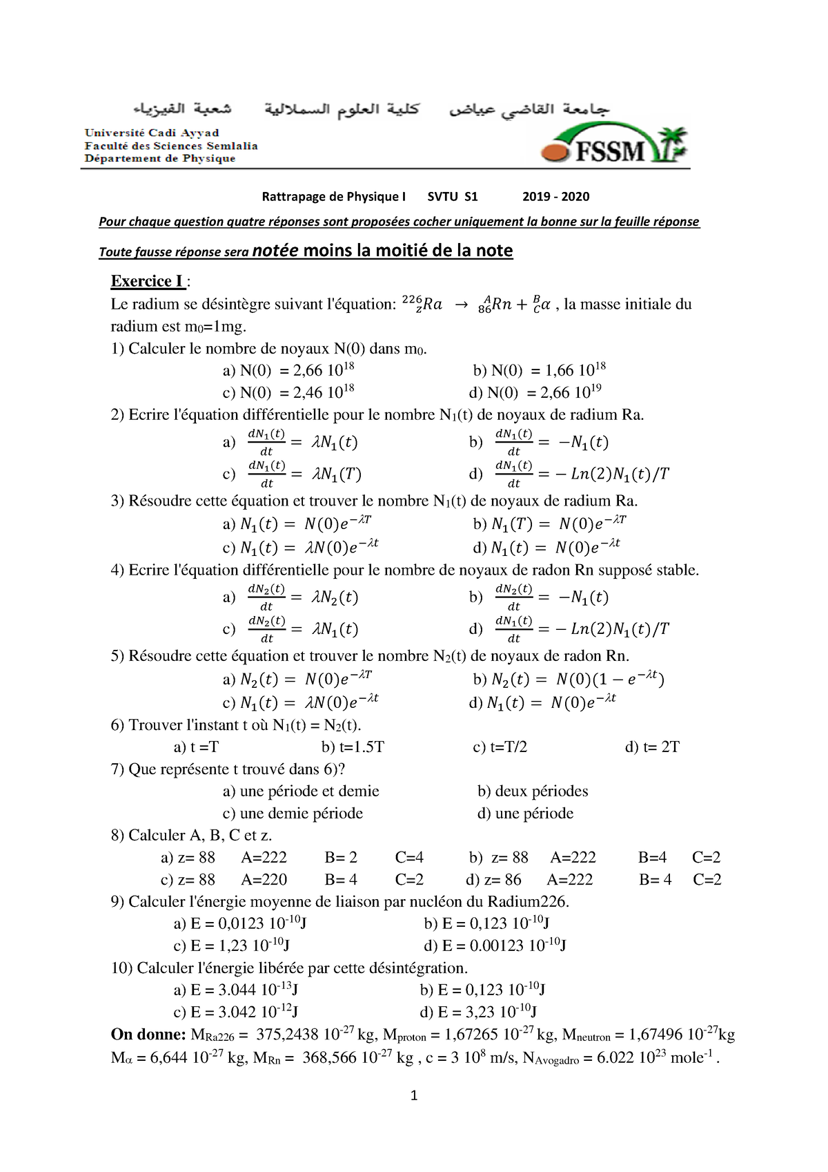 Rattrapage Physique I SVTU S1 2019 20VFC - 1 Rattrapage De Physique I ...