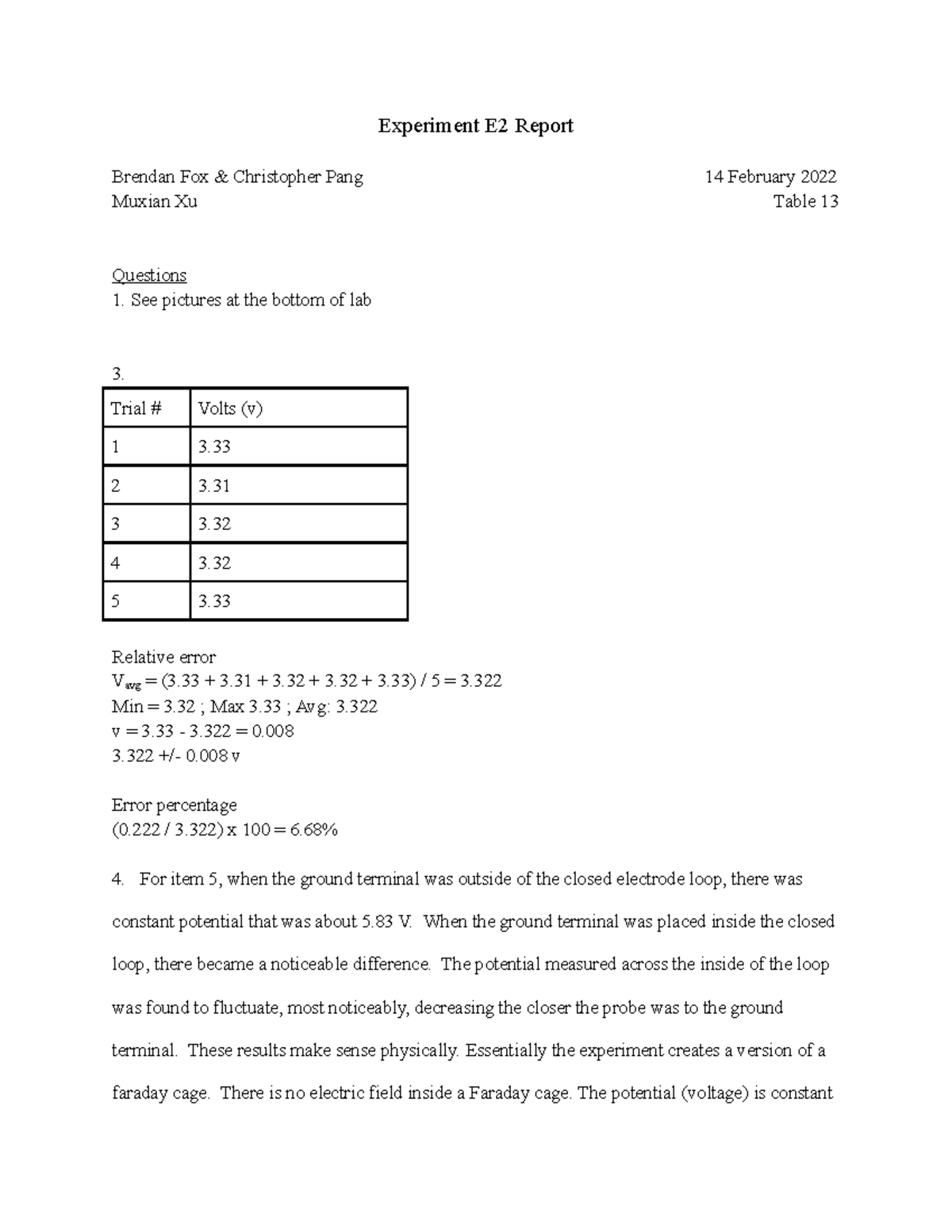 E2 Lab Report physics II lab Experiment E2 Report Brendan Fox