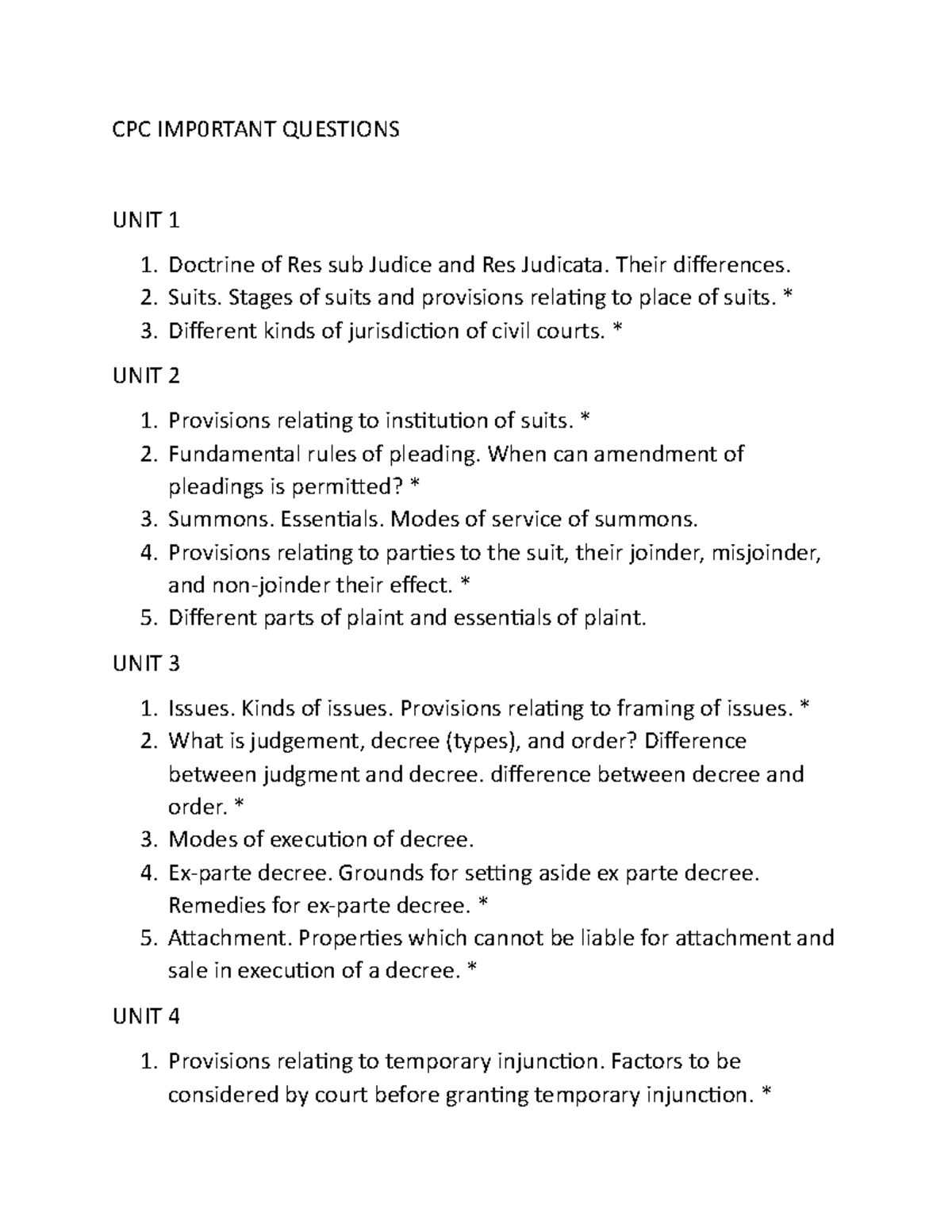 Cpc Questions - CPC IMP0RTANT QUESTIONS UNIT 1 Doctrine Of Res Sub ...