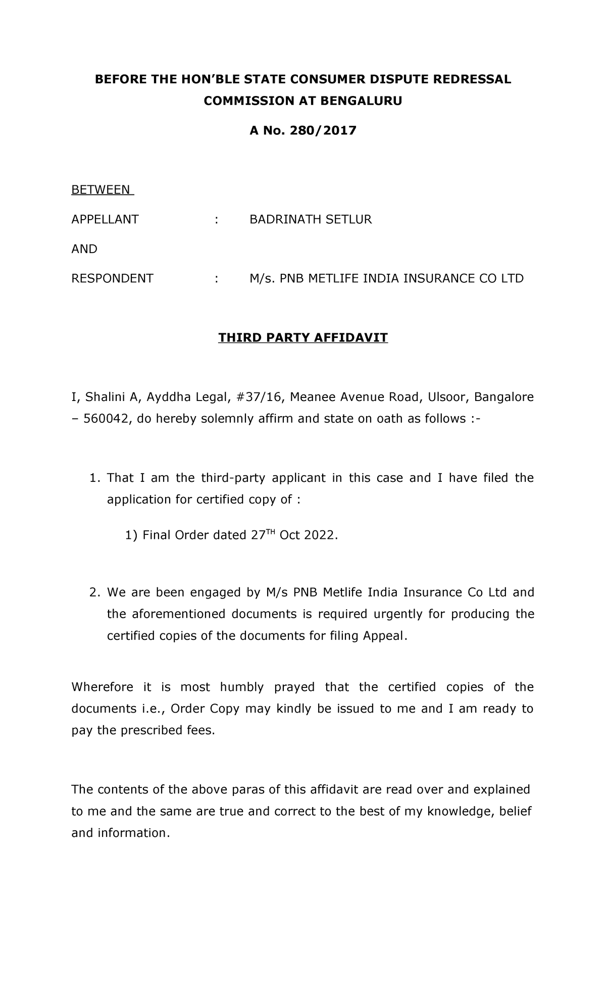 Third Party Affidavit - BEFORE THE HON’BLE STATE CONSUMER DISPUTE ...